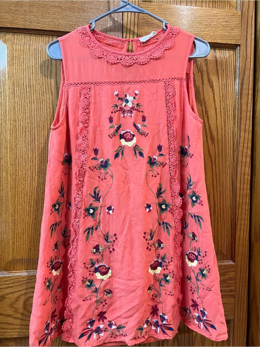Hummingbird Coral Embroidered Sleeveless Tunic Dress Women’s S Floral Boho Lace